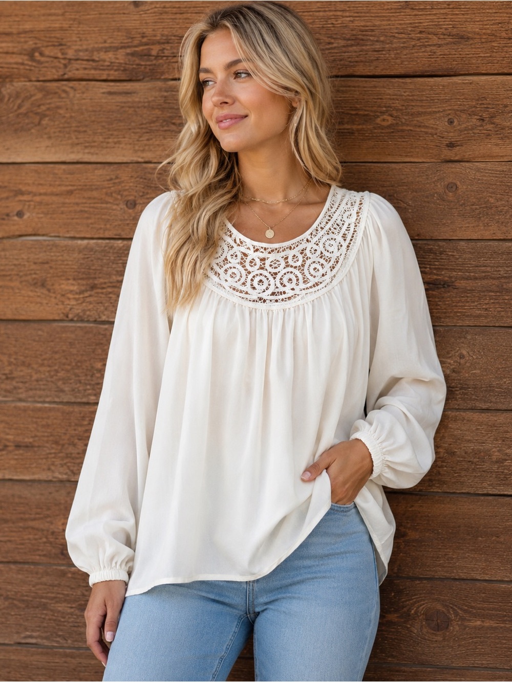 Context Cream Lace Yoke Peasant Blouse